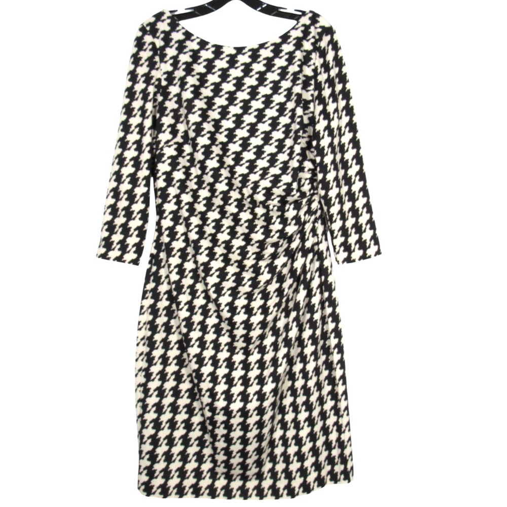 LAUREN RALPH LAUREN Black/Ivory RUCHED SIDES Zip HOUNDSTOOTH Sheath Dress Sz 14